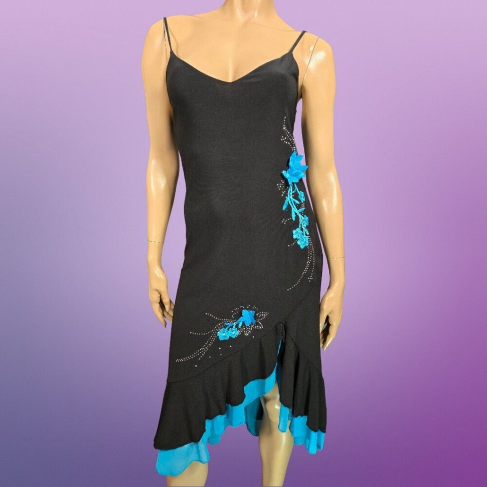 Y2K Slip Dress Black Floral Rhinestone Sleeveless Party Cocktail Size S Fairy